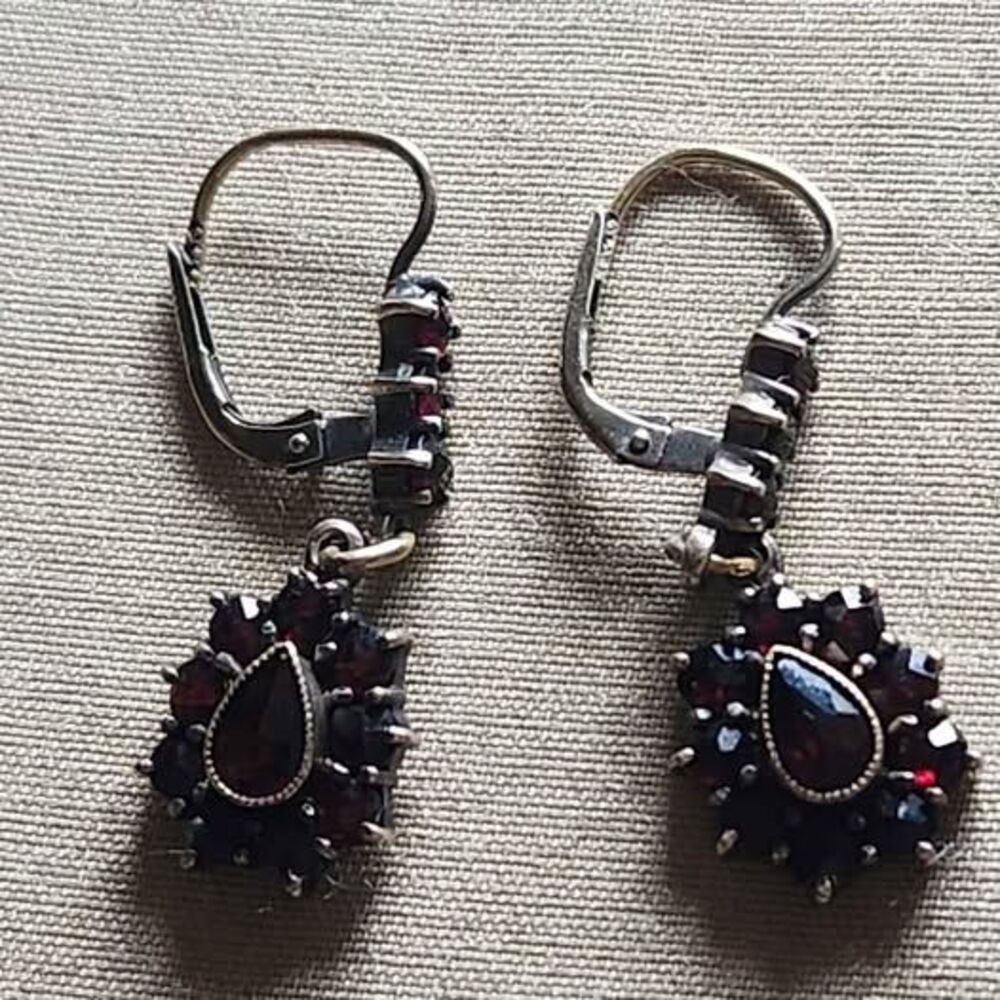 Vintage Garnet Drop Earrings Bohemian Cluster Leverback